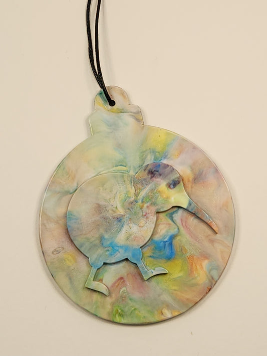 Round Bauble shape with a raised Kiwi in the center